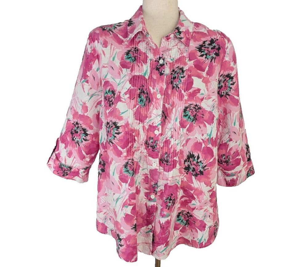 Jones New York Sport Womens LG Pink 100% Linen Pintuck Floral Shirt Top